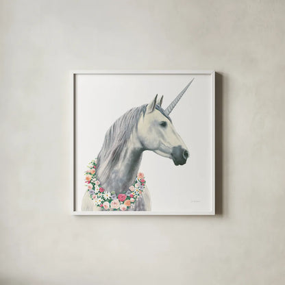 Spirit Unicorn I Square by James Wiens. Shown in a crisp white glass frame for a clean and minimalist style. Available as an archival giclee rolled canvas, fine art paper, or poster print. SKU 33313a.