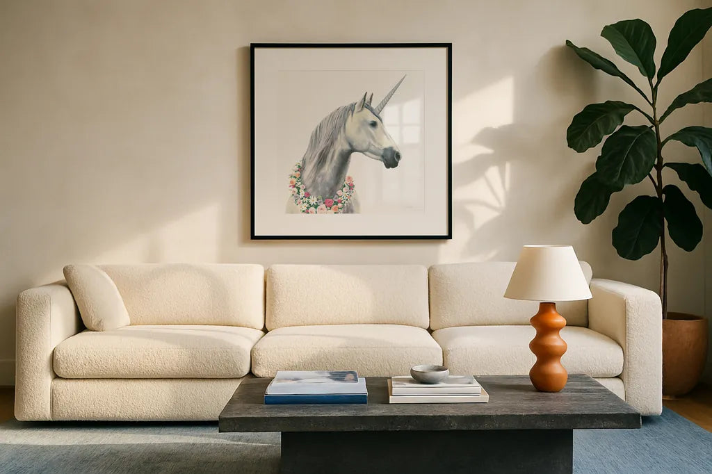 Spirit Unicorn I Square by James Wiens. Displayed in a glass frame with matte in a clean modern living room. Available as an archival giclee rolled canvas, fine art paper, or poster print. SKU 33313a.