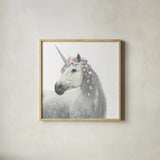 Spirit Unicorn II Sq Enchanted by James Wiens. Shown in a natural wood glass frame for a timeless modern aesthetic. Available as an archival giclee rolled canvas, fine art paper, or poster print. SKU 45897a.