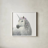 Spirit Unicorn II Sq Enchanted by James Wiens. Shown in a crisp white glass frame for a clean and minimalist style. Available as an archival giclee rolled canvas, fine art paper, or poster print. SKU 45897a.
