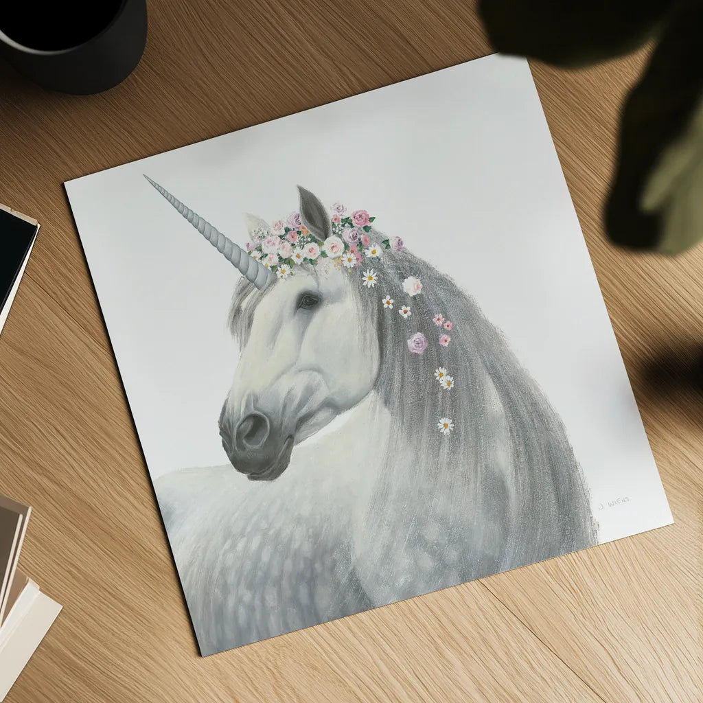 Spirit Unicorn II Square by James Wiens. Shown as a detailed flat fine art print, highlighting archival giclee quality. Available as an archival giclee rolled canvas, fine art paper, or poster print. SKU 33314a.