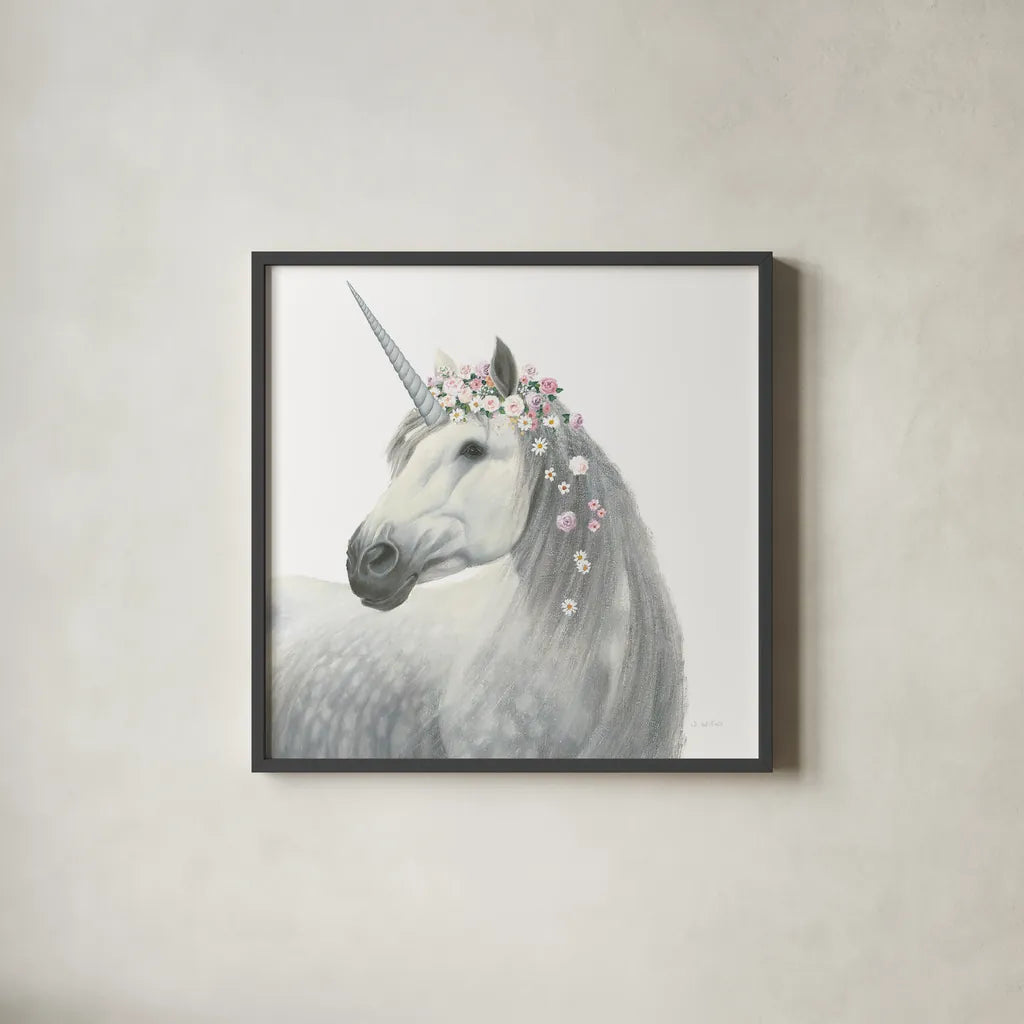Spirit Unicorn II Square by James Wiens. Shown in a sleek black glass frame for a contemporary gallery look. Available as an archival giclee rolled canvas, fine art paper, or poster print. SKU 33314a.