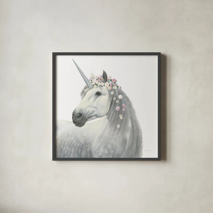 Spirit Unicorn II Square by James Wiens. Shown in a sleek black glass frame for a contemporary gallery look. Available as an archival giclee rolled canvas, fine art paper, or poster print. SKU 33314a.