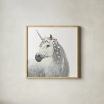 Spirit Unicorn II Square by James Wiens. Shown in a natural wood glass frame for a timeless modern aesthetic. Available as an archival giclee rolled canvas, fine art paper, or poster print. SKU 33314a.