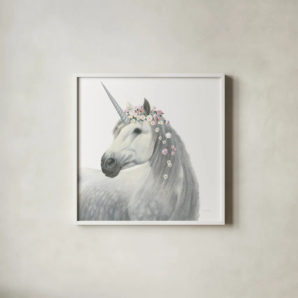 Spirit Unicorn II Square by James Wiens. Shown in a crisp white glass frame for a clean and minimalist style. Available as an archival giclee rolled canvas, fine art paper, or poster print. SKU 33314a.