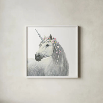 Spirit Unicorn II Square by James Wiens. Shown in a crisp white glass frame for a clean and minimalist style. Available as an archival giclee rolled canvas, fine art paper, or poster print. SKU 33314a.