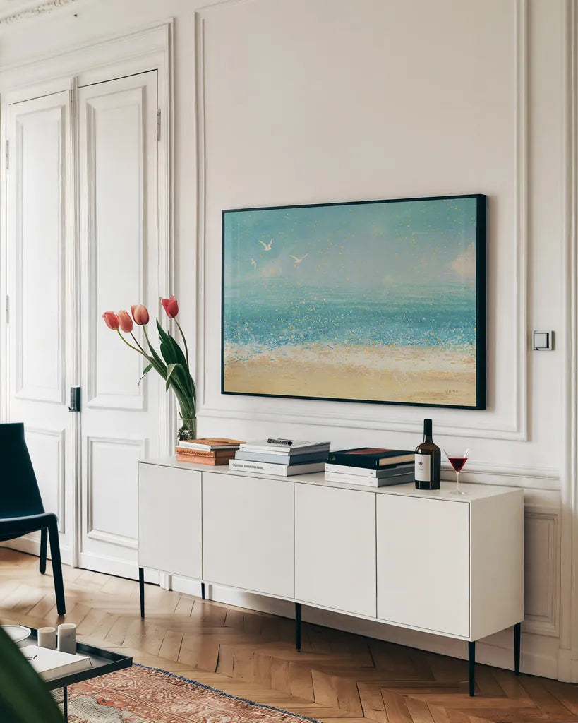 Splatter Beach I by James Wiens. shown as a framed stretched canvas in a living room above a console. Available as a archival giclee rolled canvas, fine art paper, or poster print. SKU 20388i.