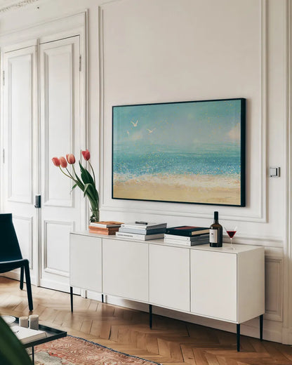 Splatter Beach I by James Wiens. shown as a framed stretched canvas in a living room above a console. Available as a archival giclee rolled canvas, fine art paper, or poster print. SKU 20388i.
