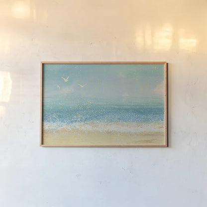 Splatter Beach I by James Wiens. shown as a paper print in a natural frame. Available as a archival giclee rolled canvas, fine art paper, or poster print. SKU 20388i.