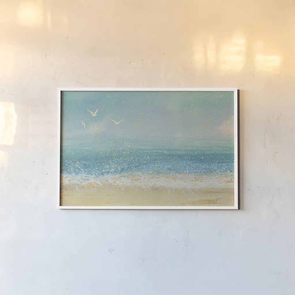 Splatter Beach I by James Wiens. shown as a paper print in a white frame. Available as a archival giclee rolled canvas, fine art paper, or poster print. SKU 20388i.