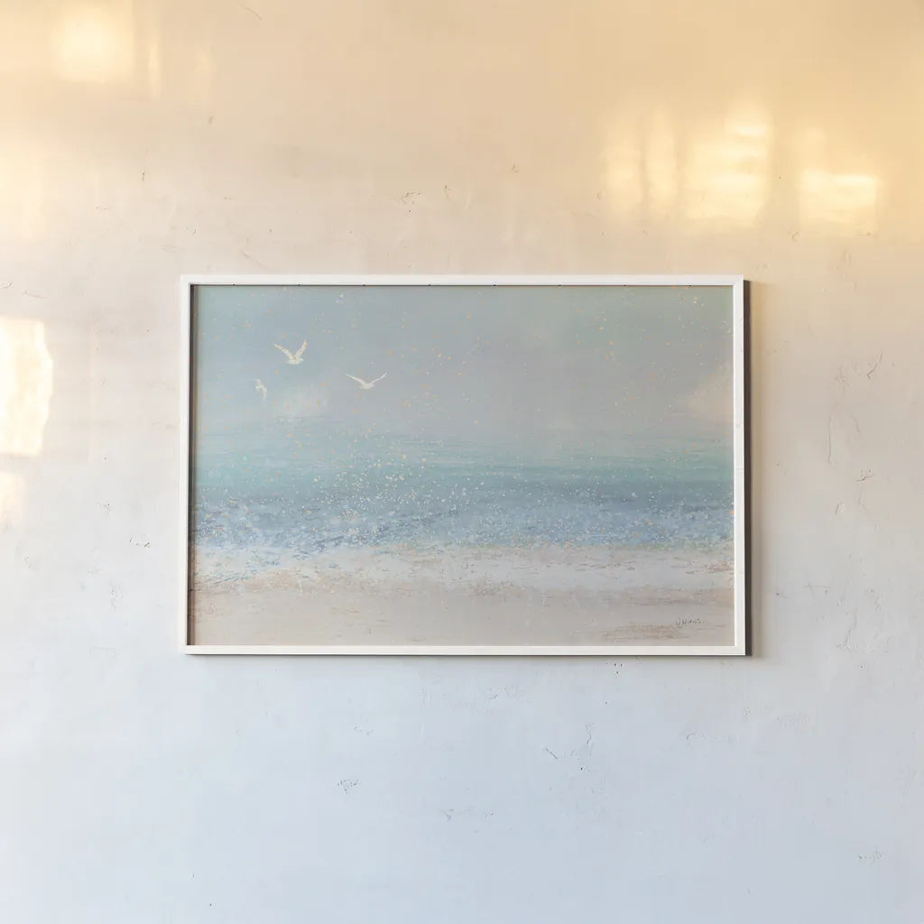 Splatter Beach I Neutral by James Wiens. shown as a paper print in a white frame. Available as a archival giclee rolled canvas, fine art paper, or poster print. SKU 82384i.