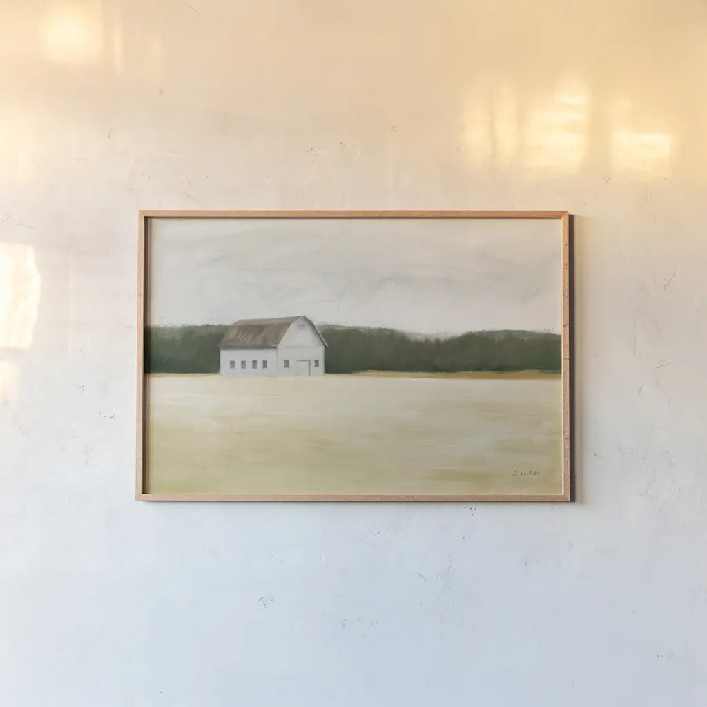 Spring Barn by James Wiens. shown as a paper print in a natural frame. Available as a archival giclee rolled canvas, fine art paper, or poster print. SKU 95007i.