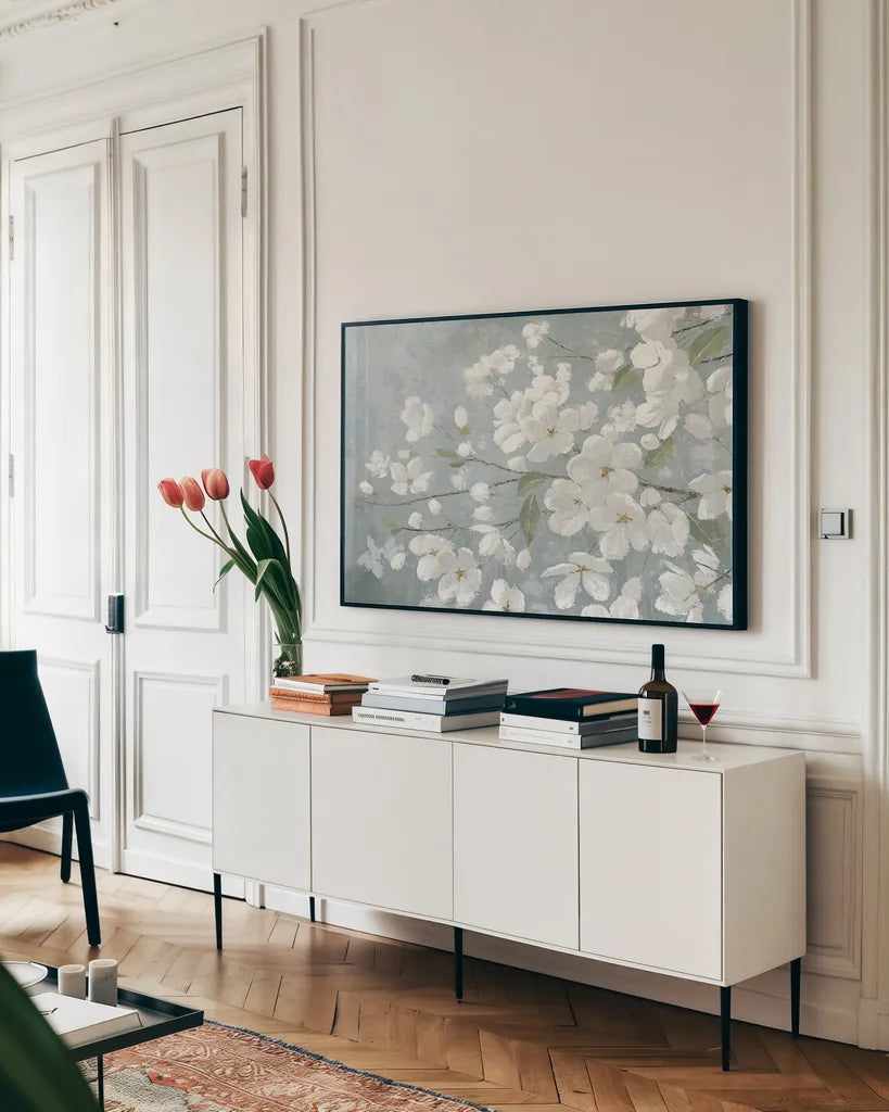 Spring Beautiful Gray by James Wiens. shown as a framed stretched canvas in a living room above a console. Available as a archival giclee rolled canvas, fine art paper, or poster print. SKU 29190i.