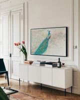 Spring Peacock I Pink Flowers by James Wiens. shown as a framed stretched canvas in a living room above a console. Available as a archival giclee rolled canvas, fine art paper, or poster print. SKU 24335i.