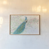 Spring Peacock I Pink Flowers by James Wiens. shown as a paper print in a natural frame. Available as a archival giclee rolled canvas, fine art paper, or poster print. SKU 24335i.