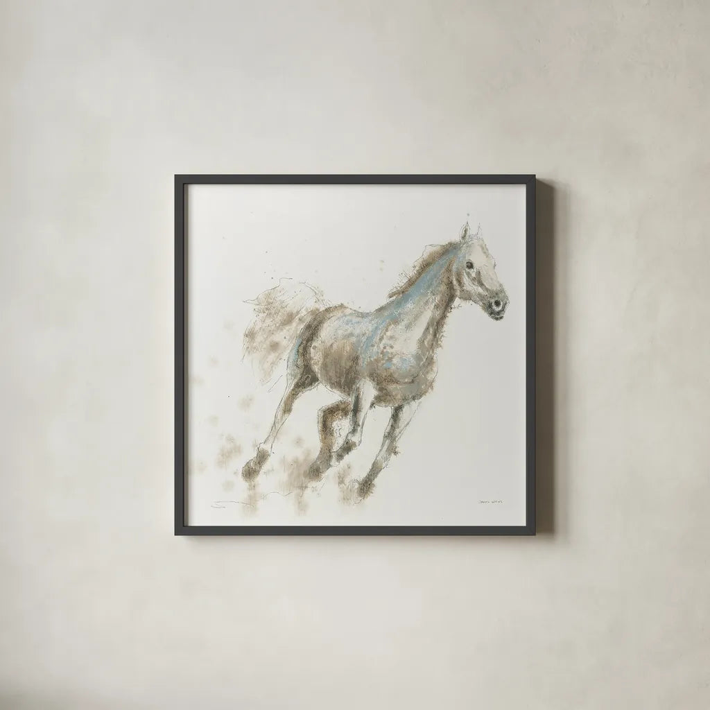Stallion I by James Wiens. Shown in a sleek black glass frame for a contemporary gallery look. Available as an archival giclee rolled canvas, fine art paper, or poster print. SKU 24005a.