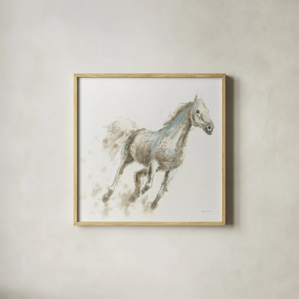 Stallion I by James Wiens. Shown in a natural wood glass frame for a timeless modern aesthetic. Available as an archival giclee rolled canvas, fine art paper, or poster print. SKU 24005a.