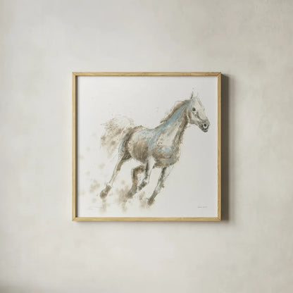 Stallion I by James Wiens. Shown in a natural wood glass frame for a timeless modern aesthetic. Available as an archival giclee rolled canvas, fine art paper, or poster print. SKU 24005a.