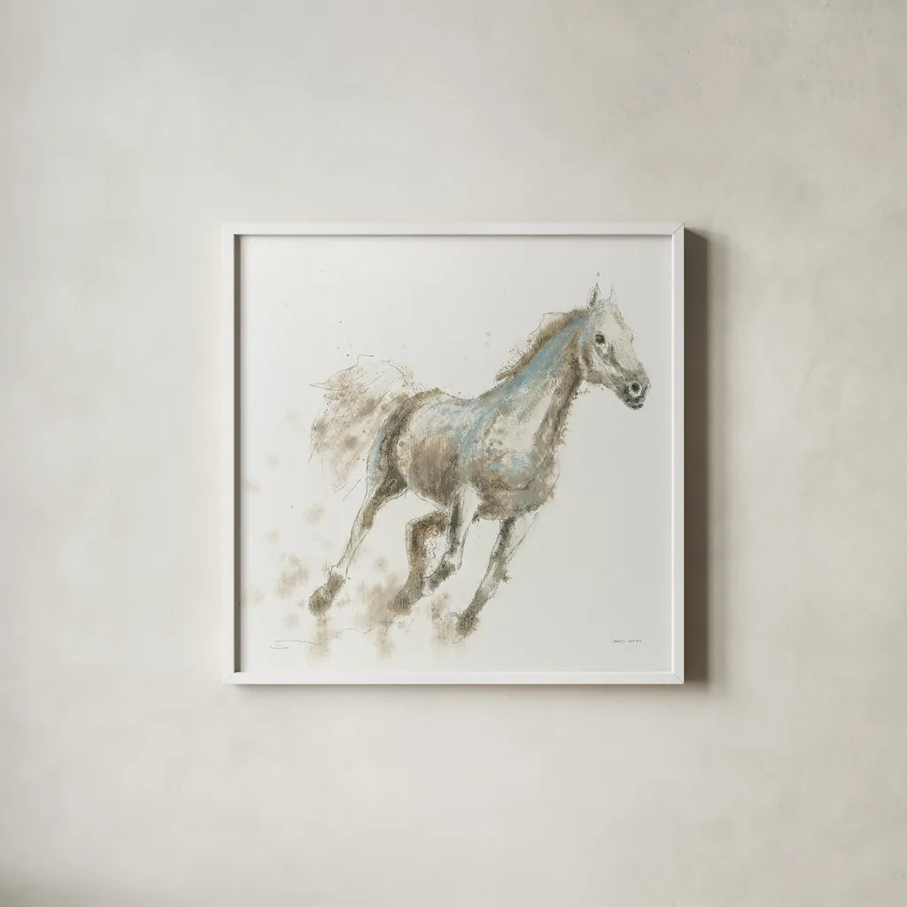 Stallion I by James Wiens. Shown in a crisp white glass frame for a clean and minimalist style. Available as an archival giclee rolled canvas, fine art paper, or poster print. SKU 24005a.