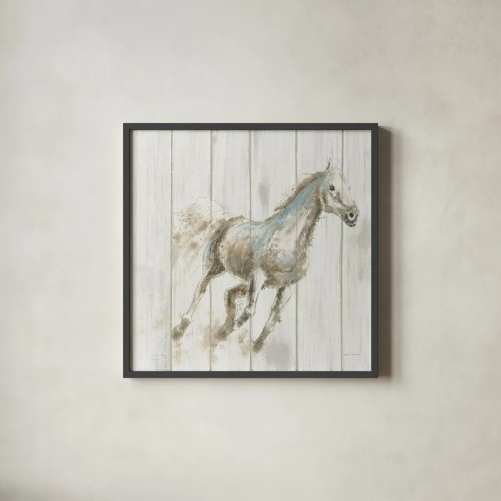 Stallion I on Birch by James Wiens. Shown in a sleek black glass frame for a contemporary gallery look. Available as an archival giclee rolled canvas, fine art paper, or poster print. SKU 24282a.