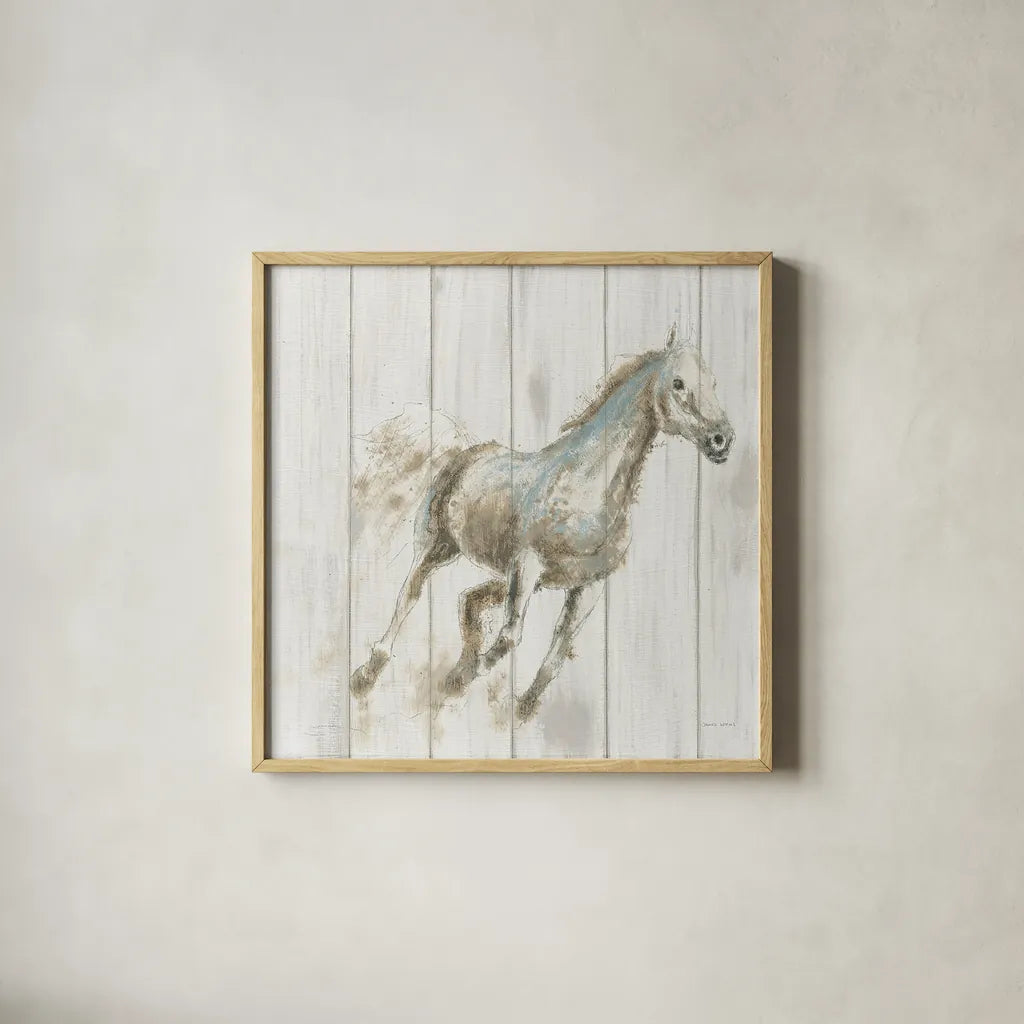 Stallion I on Birch by James Wiens. Shown in a natural wood glass frame for a timeless modern aesthetic. Available as an archival giclee rolled canvas, fine art paper, or poster print. SKU 24282a.