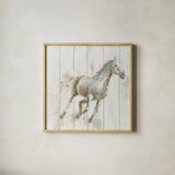 Stallion I on Birch by James Wiens. Shown in a natural wood glass frame for a timeless modern aesthetic. Available as an archival giclee rolled canvas, fine art paper, or poster print. SKU 24282a.