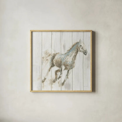 Stallion I on Birch by James Wiens. Shown in a natural wood glass frame for a timeless modern aesthetic. Available as an archival giclee rolled canvas, fine art paper, or poster print. SKU 24282a.