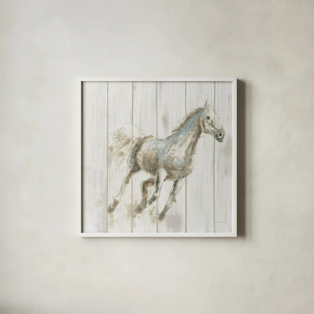 Stallion I on Birch by James Wiens. Shown in a crisp white glass frame for a clean and minimalist style. Available as an archival giclee rolled canvas, fine art paper, or poster print. SKU 24282a.