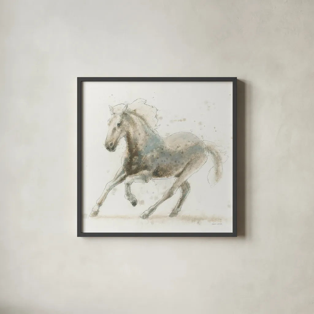 Stallion II by James Wiens. Shown in a sleek black glass frame for a contemporary gallery look. Available as an archival giclee rolled canvas, fine art paper, or poster print. SKU 24006a.