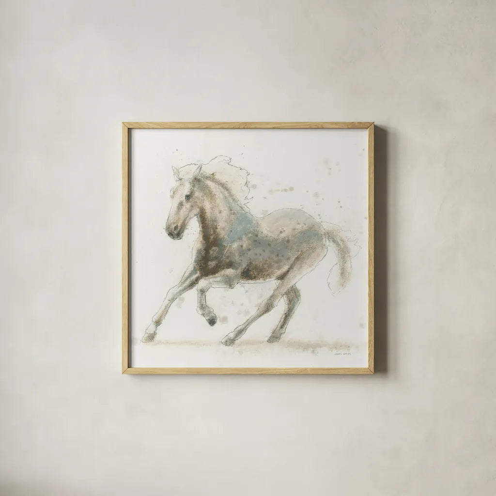 Stallion II by James Wiens. Shown in a natural wood glass frame for a timeless modern aesthetic. Available as an archival giclee rolled canvas, fine art paper, or poster print. SKU 24006a.