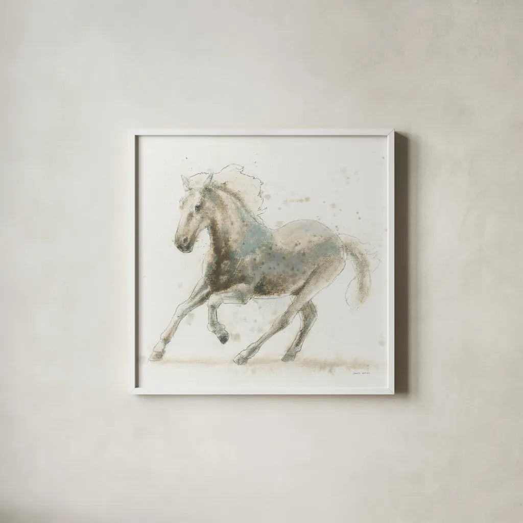 Stallion II by James Wiens. Shown in a crisp white glass frame for a clean and minimalist style. Available as an archival giclee rolled canvas, fine art paper, or poster print. SKU 24006a.