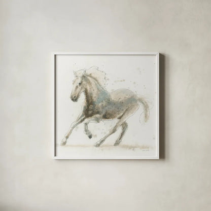 Stallion II by James Wiens. Shown in a crisp white glass frame for a clean and minimalist style. Available as an archival giclee rolled canvas, fine art paper, or poster print. SKU 24006a.