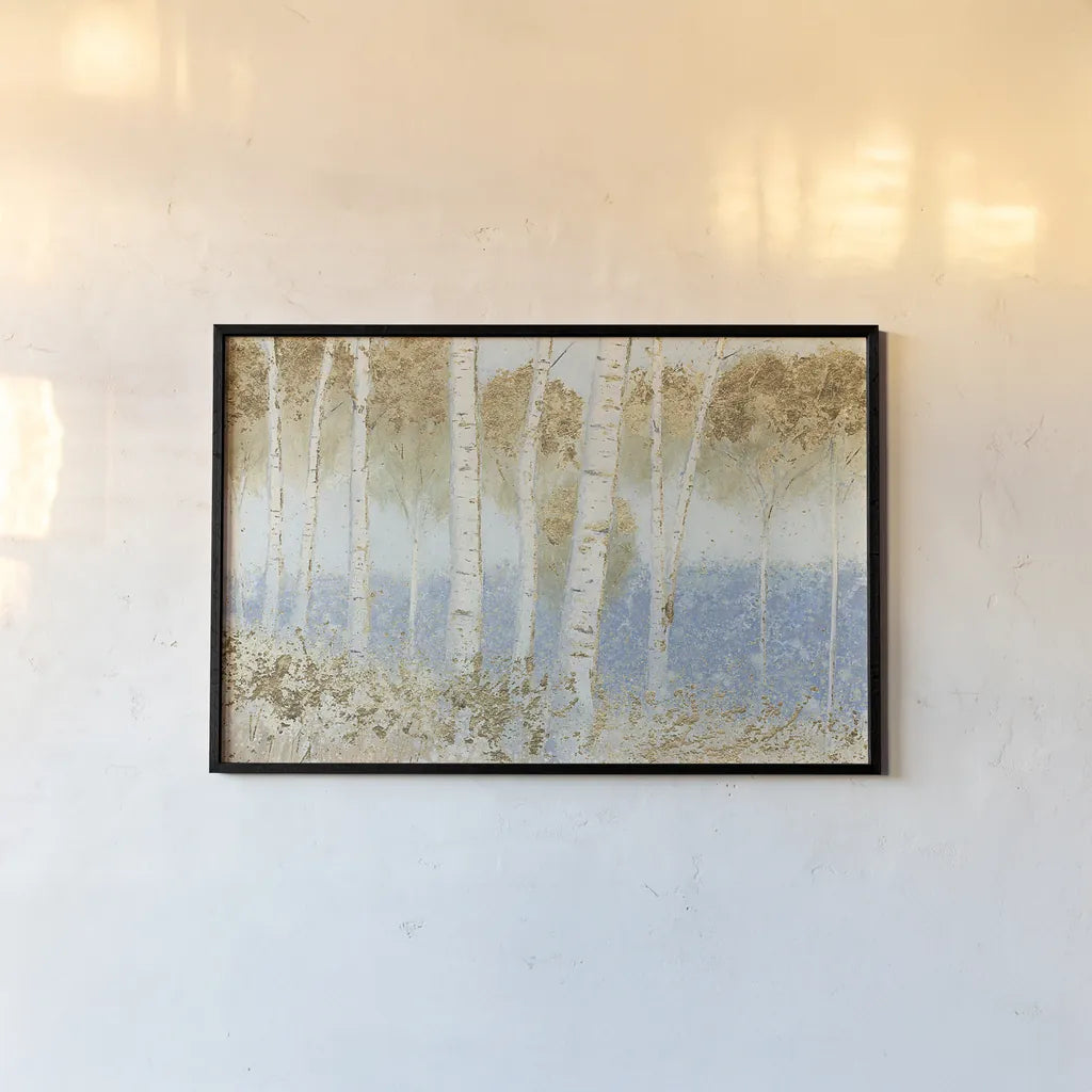 Summer Birches by James Wiens. shown as a paper print in a black flame. Available as a archival giclee rolled canvas, fine art paper, or poster print. SKU 25440i.