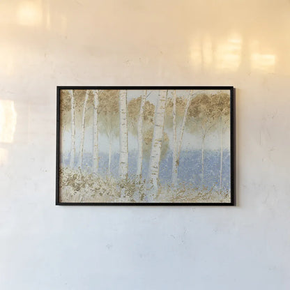 Summer Birches by James Wiens. shown as a paper print in a black flame. Available as a archival giclee rolled canvas, fine art paper, or poster print. SKU 25440i.