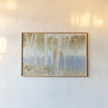 Summer Birches by James Wiens. shown as a paper print in a natural frame. Available as a archival giclee rolled canvas, fine art paper, or poster print. SKU 25440i.