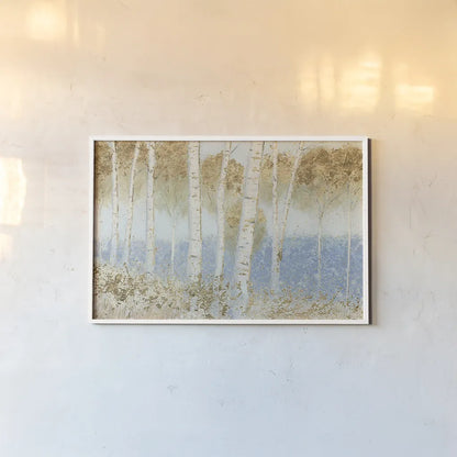 Summer Birches by James Wiens. shown as a paper print in a white frame. Available as a archival giclee rolled canvas, fine art paper, or poster print. SKU 25440i.