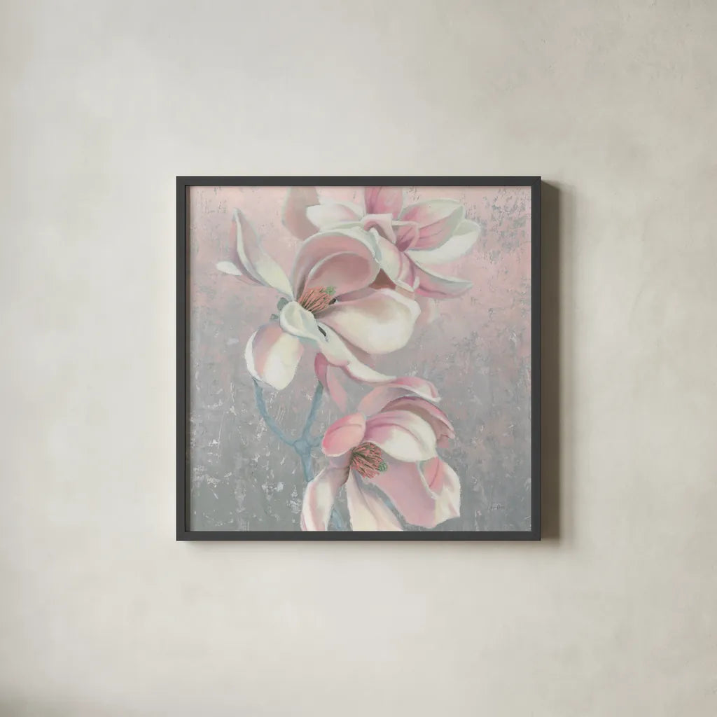 Sunrise Blossom I Sq by James Wiens. Shown in a sleek black glass frame for a contemporary gallery look. Available as an archival giclee rolled canvas, fine art paper, or poster print. SKU 46641a.