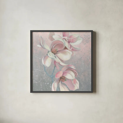 Sunrise Blossom I Sq by James Wiens. Shown in a sleek black glass frame for a contemporary gallery look. Available as an archival giclee rolled canvas, fine art paper, or poster print. SKU 46641a.
