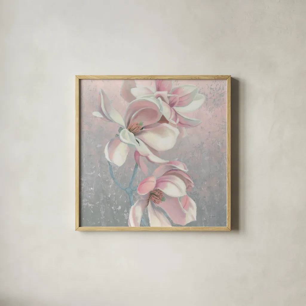 Sunrise Blossom I Sq by James Wiens. Shown in a natural wood glass frame for a timeless modern aesthetic. Available as an archival giclee rolled canvas, fine art paper, or poster print. SKU 46641a.