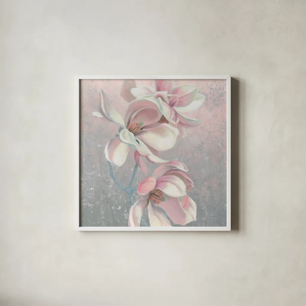 Sunrise Blossom I Sq by James Wiens. Shown in a crisp white glass frame for a clean and minimalist style. Available as an archival giclee rolled canvas, fine art paper, or poster print. SKU 46641a.