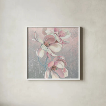 Sunrise Blossom I Sq by James Wiens. Shown in a crisp white glass frame for a clean and minimalist style. Available as an archival giclee rolled canvas, fine art paper, or poster print. SKU 46641a.