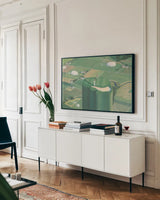 Tee it Up by James Wiens. shown as a framed stretched canvas in a living room above a console. Available as a archival giclee rolled canvas, fine art paper, or poster print. SKU 54895i.