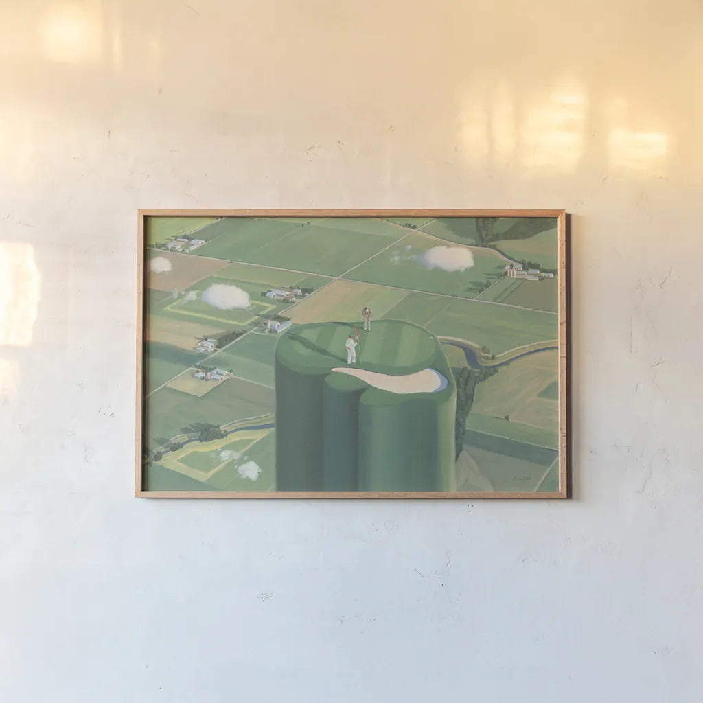 Tee it Up by James Wiens. shown as a paper print in a natural frame. Available as a archival giclee rolled canvas, fine art paper, or poster print. SKU 54895i.