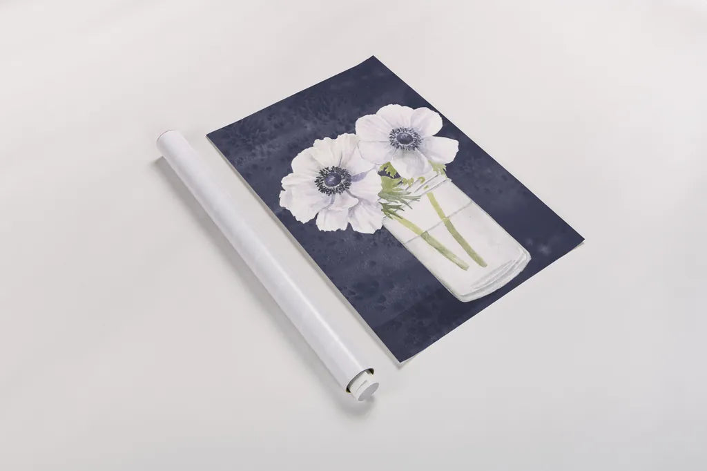 Tranquil Blossoms I Navy by James Wiens. shown as a rolled paper print. Available as archival giclee rolled canvas, fine art paper, or poster print. SKU 57272h.