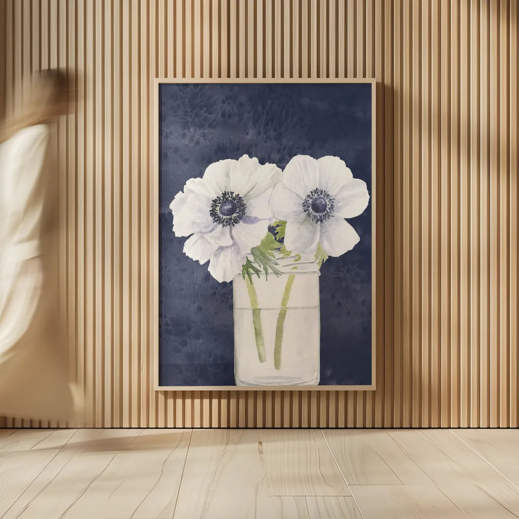 Tranquil Blossoms I Navy by James Wiens. shown as over sized large wall art. Available as an archival giclee rolled canvas, fine art paper, or poster print. SKU 57272h.