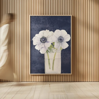 Tranquil Blossoms I Navy by James Wiens. shown as over sized large wall art. Available as an archival giclee rolled canvas, fine art paper, or poster print. SKU 57272h.