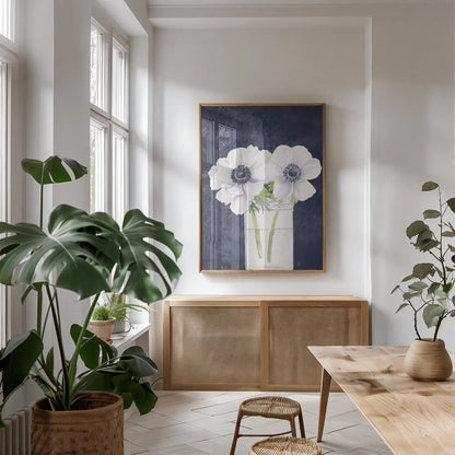 Tranquil Blossoms I Navy by James Wiens. shown as a print in a natural wood frame in a dining room. Available as a archival giclee rolled canvas, fine art paper, or poster print. SKU 57272h.