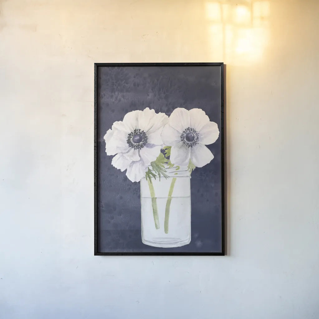 Tranquil Blossoms I Navy by James Wiens. shown as a paper print in a black flame. Available as a archival giclee rolled canvas, fine art paper, or poster print. SKU 57272h.