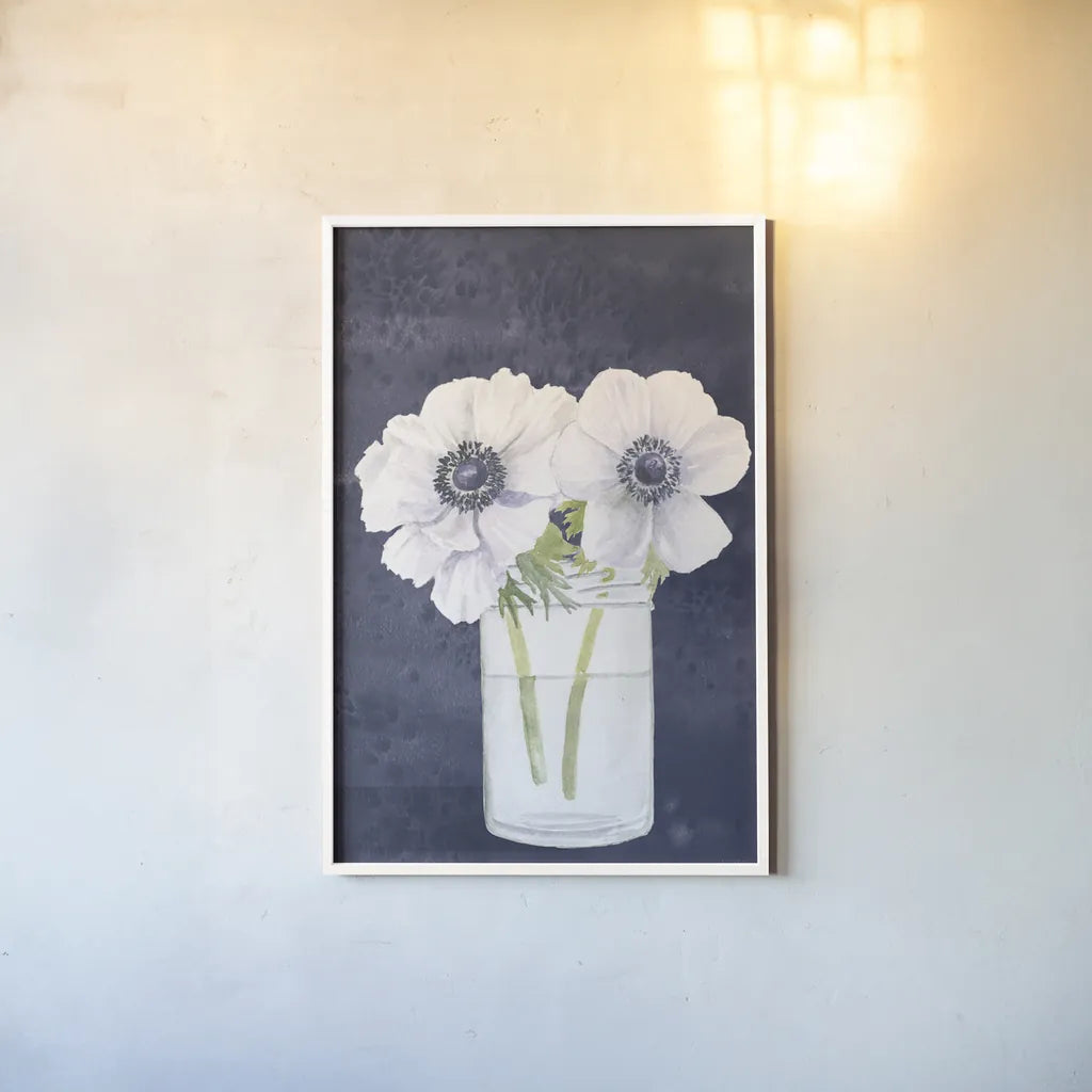 Tranquil Blossoms I Navy by James Wiens. shown as a paper print in a white frame. Available as a archival giclee rolled canvas, fine art paper, or poster print. SKU 57272h.