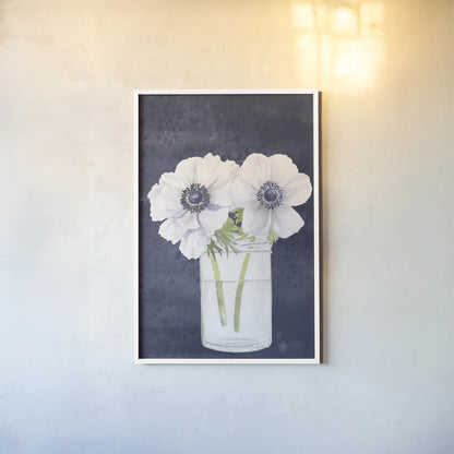 Tranquil Blossoms I Navy by James Wiens. shown as a paper print in a white frame. Available as a archival giclee rolled canvas, fine art paper, or poster print. SKU 57272h.